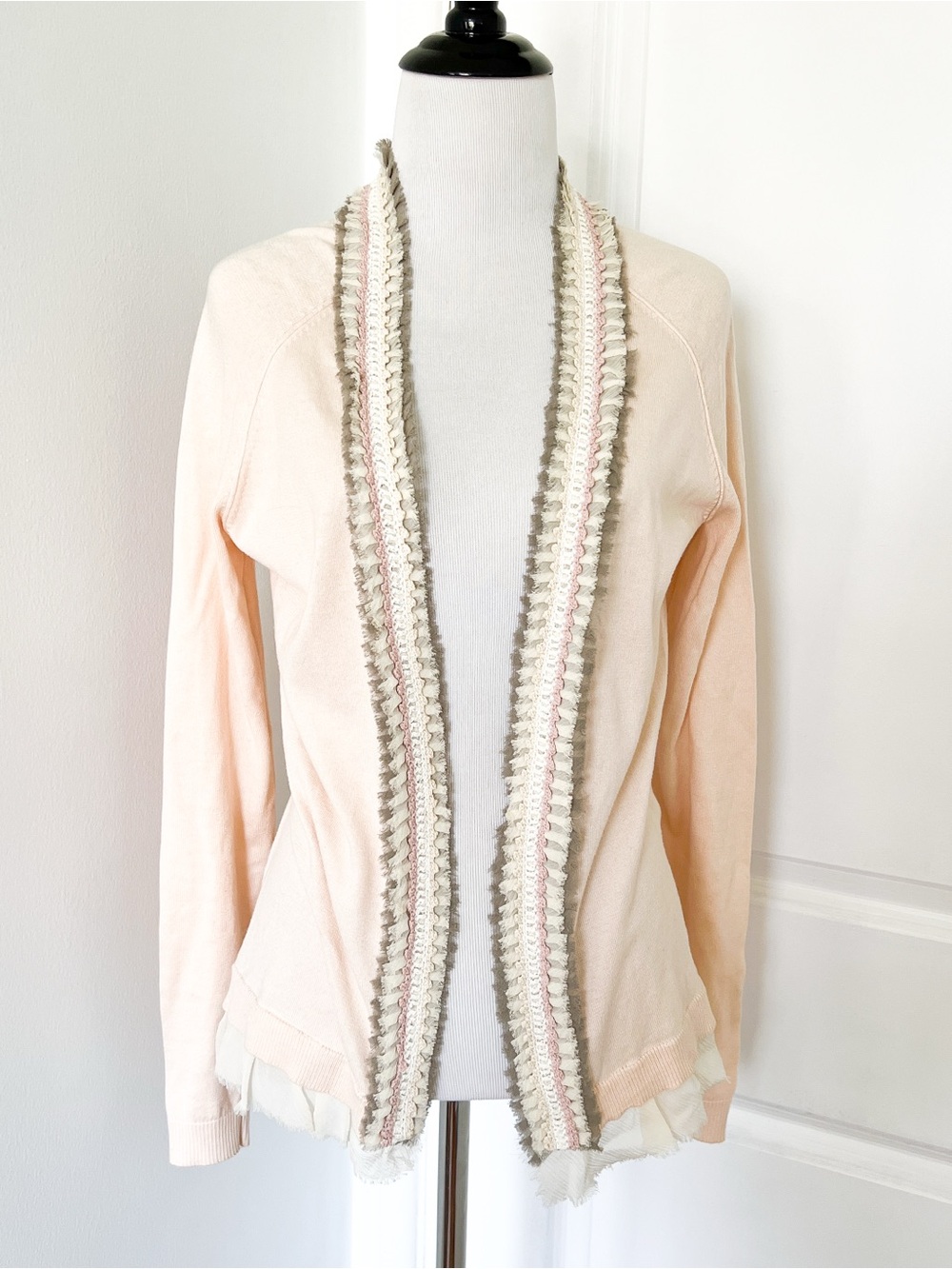 Banana Republic Light Peach Open-Front Cardigan with Silk Ruffle Trim - Small